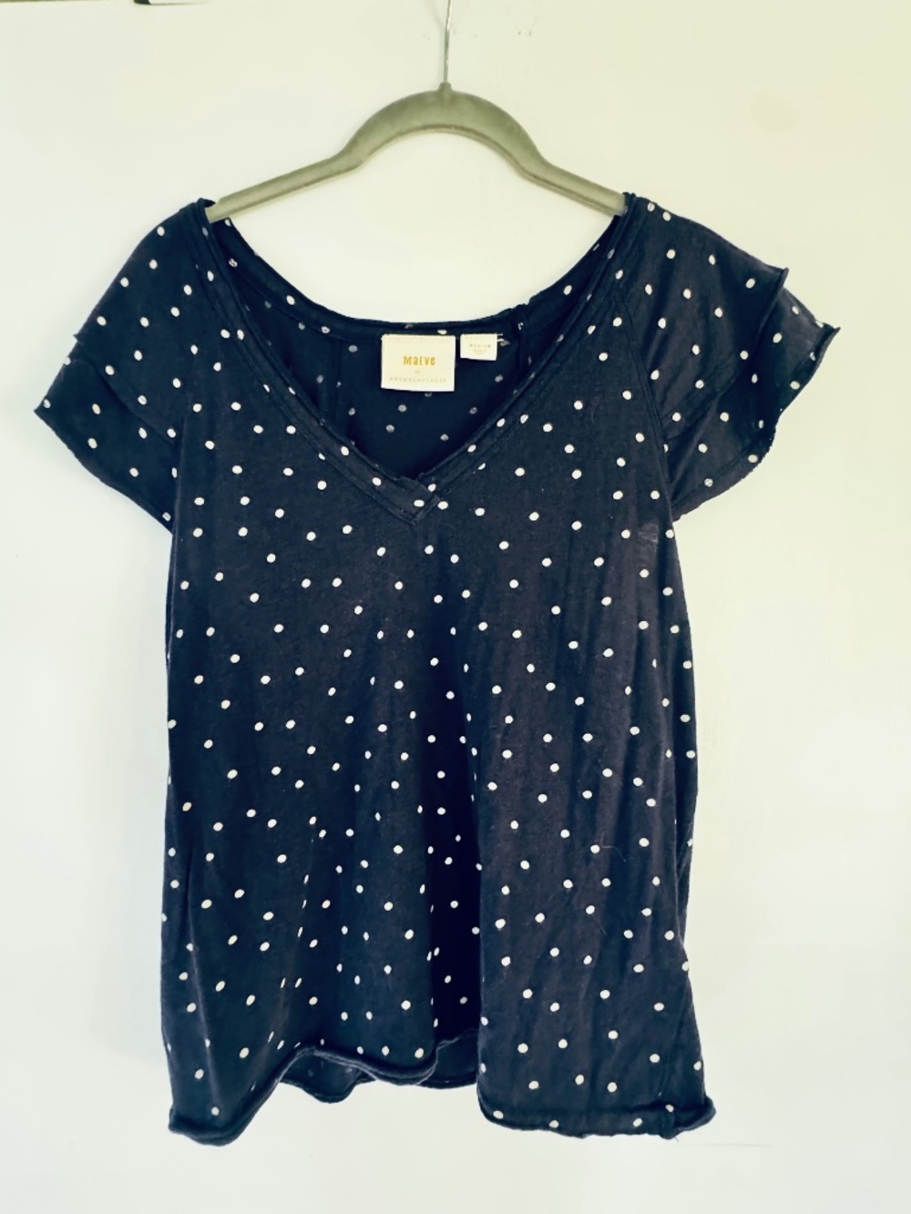 Maeve navy polka dot flutter sleeve tee, size M